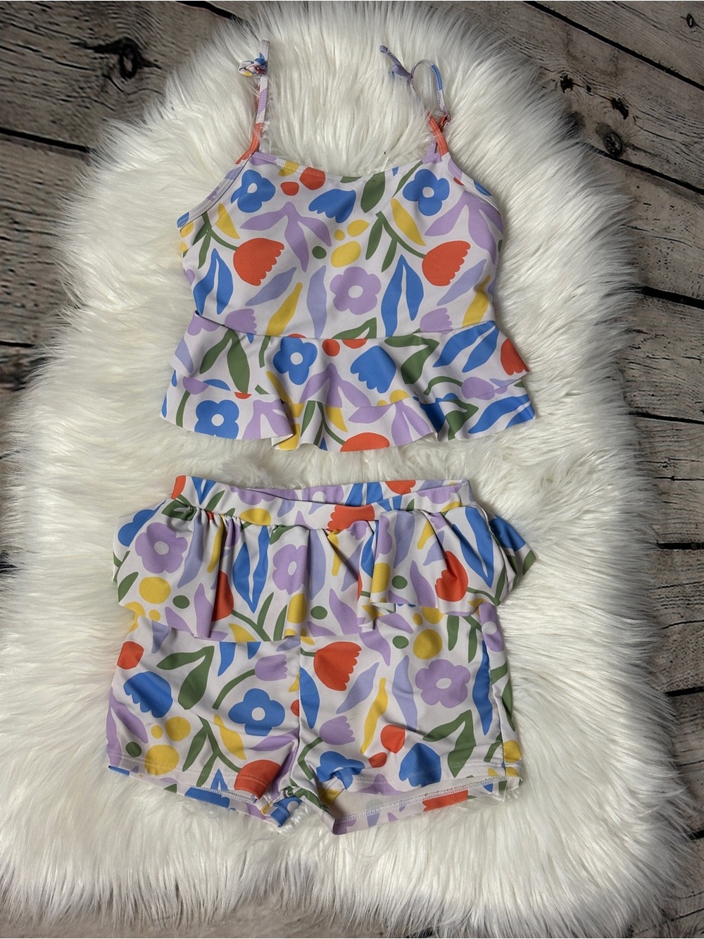 SHEIN Purple Multi Floral Ruffle Tankini Top & Shorts